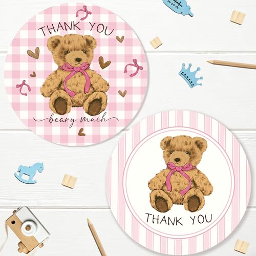 84pcs Baby Shower Thank You Stickers - Pink Bear Design, 2 Inch