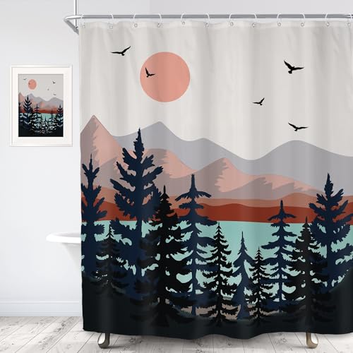Abstract Mountain Shower Curtain, Boho Mid Century Modern Bath Decor 60x72