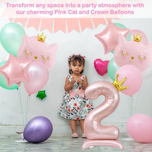 Pink Cat Balloon Set for 2nd Birthday Party - Crown Cat Foil Balloon Kit