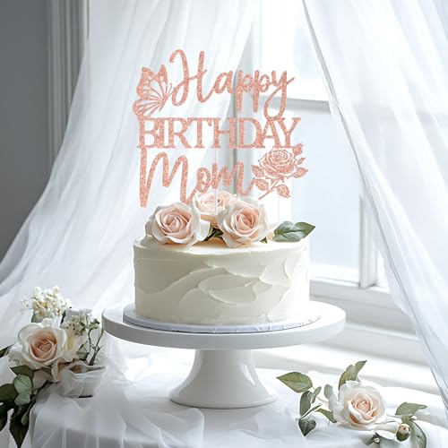 Happy Birthday Mom Cake Topper - Rose Gold Glitter Decoration