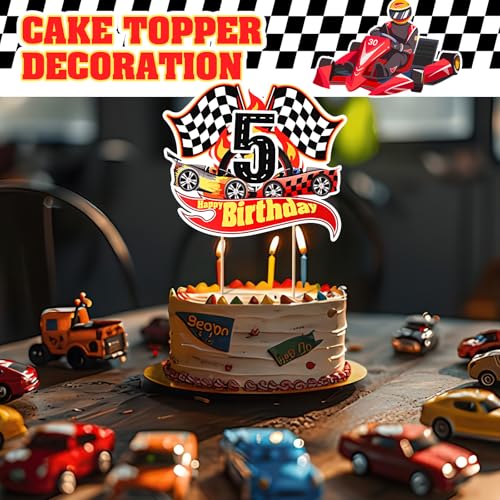Race Car 5th Birthday Cake Topper - Checkered Flag Decoration