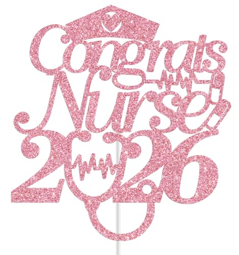 Congrats Nurse 2026 Cake Topper - Pink Glitter for Graduation