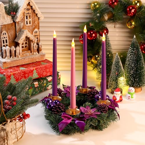 Christmas Advent Wreath Candle Holder Set with 8 LED Candles | Purple & Pink