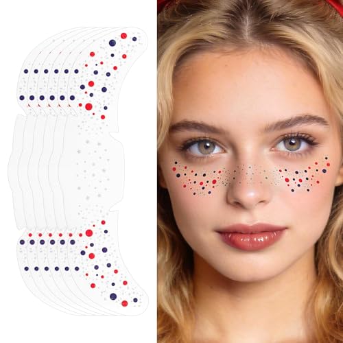 SARATA Red White and Blue Glitter Freckles Face Tattoos 6Pcs