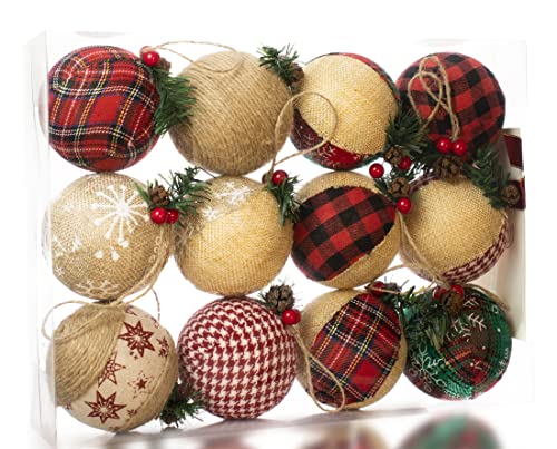 Red Burlap Christmas Hanging Ornaments Farmhouse Rustic Holiday Decor Set 12