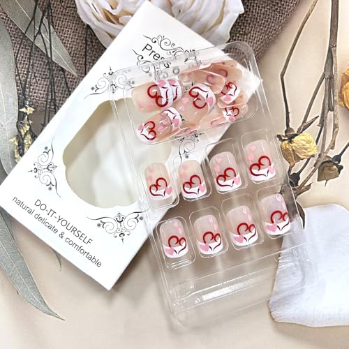 Valentine's Short Square French Press On Nails with Red Heart Glossy Design