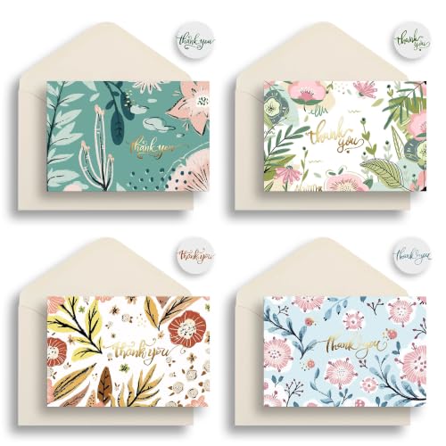 Floral Thank You Card Set - 12 Seasonal Cards with Envelopes & Stickers