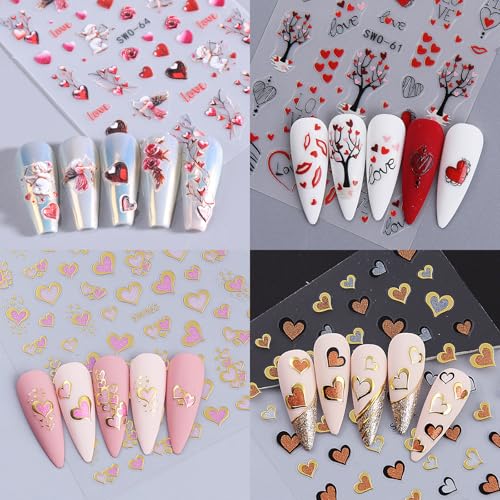 8 Sheets Valentine's Day Heart Nail Art Stickers Embossed Decals