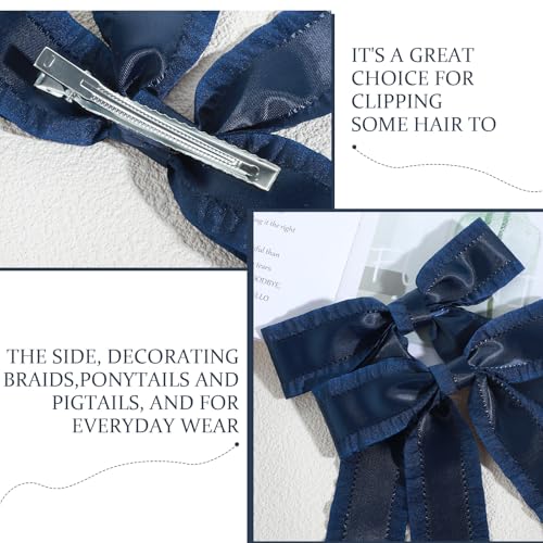 Navy Blue Hair Bows with Long Tassel Ribbons 2Pcs Hair Clips