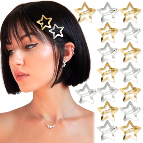 NAISKA Gold and Silver Star Hair Clips 20PCS Metal Y2K Snap Barrettes