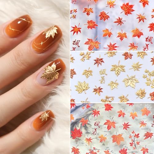 SHUXILIN 5D Embossed Fall Maple Leaf Nail Stickers Self-Adhesive Art Decals