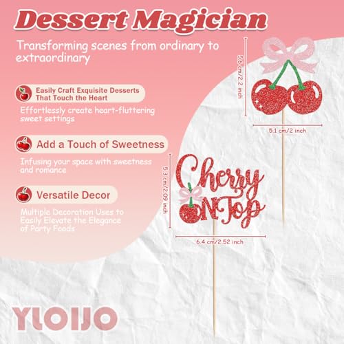 Cherry Cupcake Toppers - Glitter Bow Cake Picks for Parties (24 Pack)