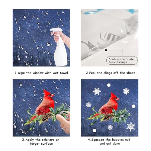 Winter Cardinal Window Clings 150 pcs Holiday Christmas Red Bird Glass Stickers with Branches & Snowflakes - Red