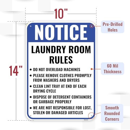 Laundry Room Rules Sign - 14x10 Inch Durable Aluminum Laundromat Wall Decor