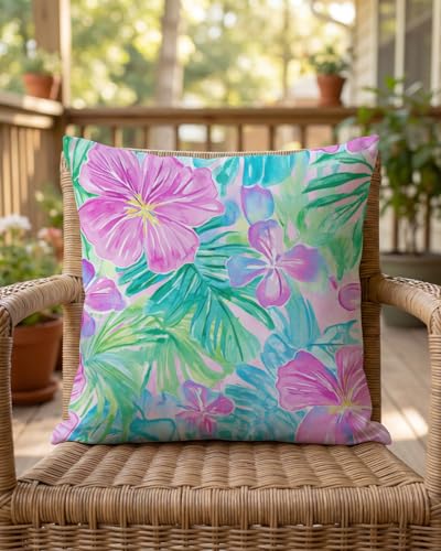 Pink Multi Tropical Pillow Cover 18x18 – Watercolor Hibiscus Floral