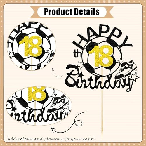 Black Glitter Soccer Happy 18th Birthday Cake Topper Football Party
