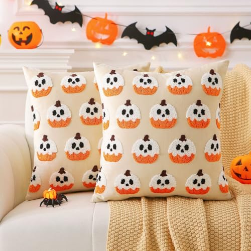 Halloween Ghost Pumpkin Pillow Covers Set of 2 - 18x18 Beige Velvet