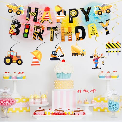 Galaton 21-Piece Construction Birthday Party Decorations Kit with Banner and Hanging Swirls