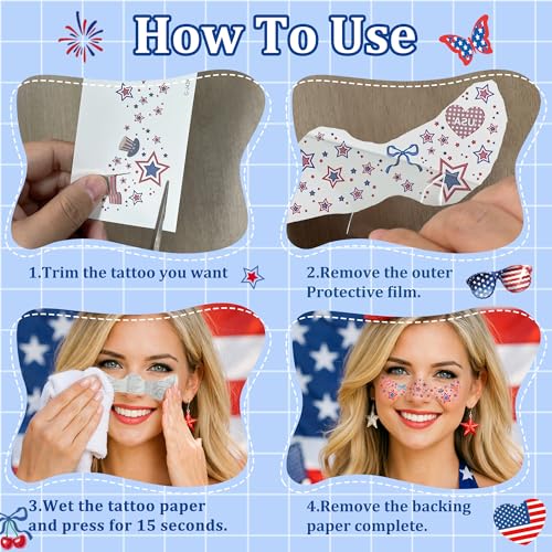 4th of July Temporary Freckle Tattoos Red White and Blue Patriotic Face Stickers