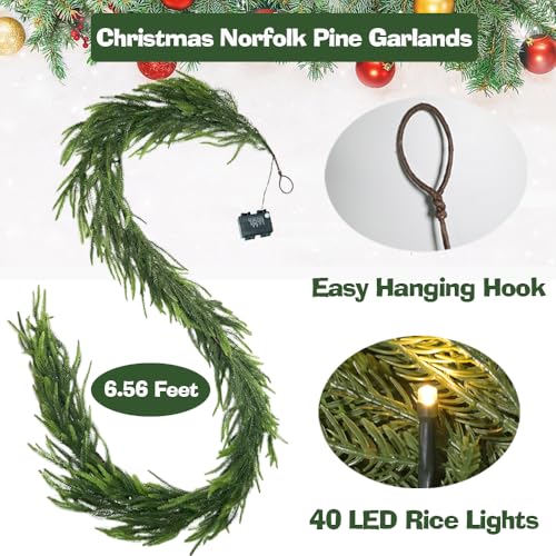 6.56ft Pre-Lit Christmas Garland with 40 LED Lights, Real Touch Norfolk Pine