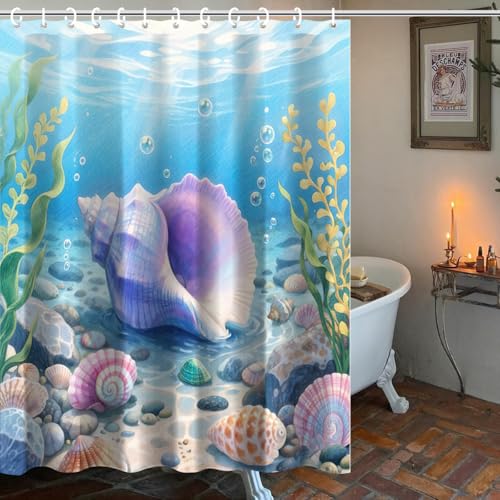 Pink Conch Shell Shower Curtain - Ocean Themed Waterproof Fabric 72x72