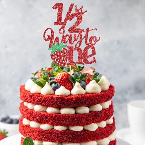 Strawberry Half Birthday Cake Topper - 6 Months Red Glitter Decor