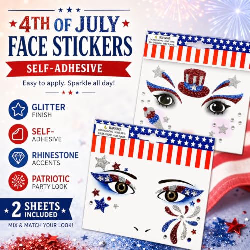 Patriotic Glitter Face Gems & USA Flag Temporary Tattoos (2 Pack)