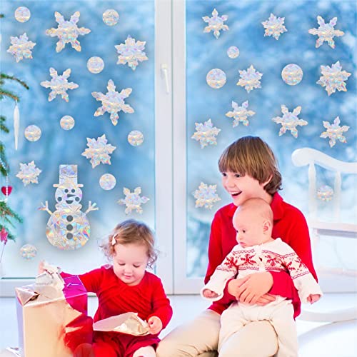 Christmas Snowflake Window Clings with Snowman Variation - Rainbow Rainbow Prismatic Vinyl Decals for Birds Strike Prevention
