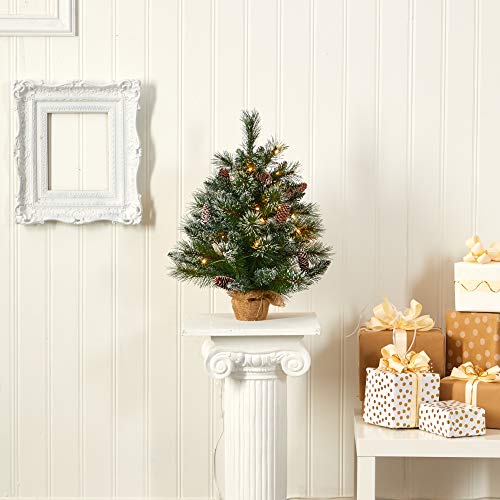 Frosted Artificial Christmas Tree with LED Lights and Pinecones - 2ft
