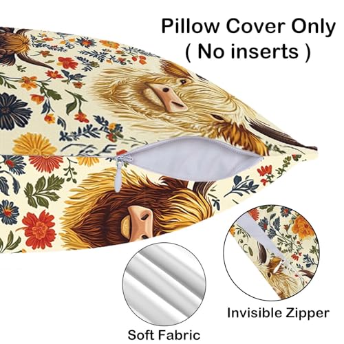 Highland Cow Throw Pillow Covers 18x18 Set of 2 - Floral Farmhouse Decor