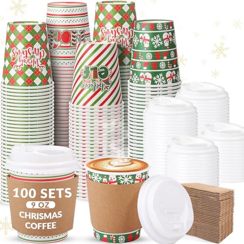 100 Sets Christmas Coffee Cups with Lids & Sleeves - 9 oz Cute Holiday Design