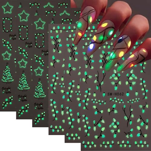 Christmas Nail Stickers 6 Sheets 3D Glow in the Dark Winter Decals