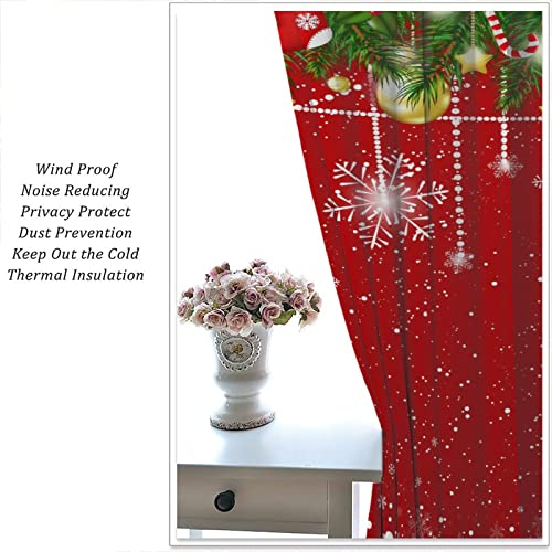Merry Christmas Blackout Curtains with Red Floral Snowflake Pattern, 2 Panels 21W x 45L - Insulated Room Darkening Drapes