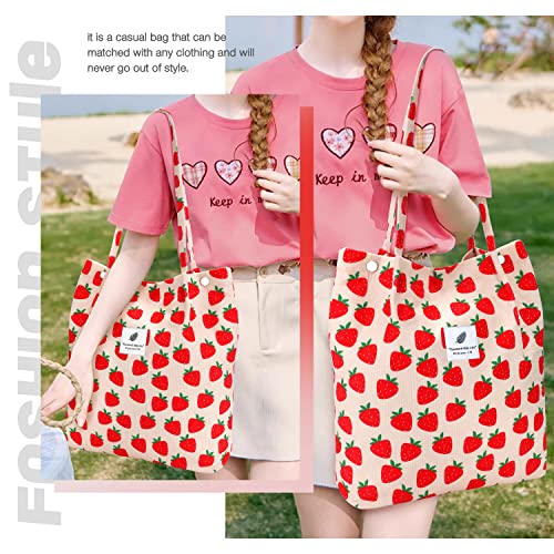 Large Strawberry Corduroy Tote Bag for Women - Reusable Grocery Shoulder Purse with Pockets