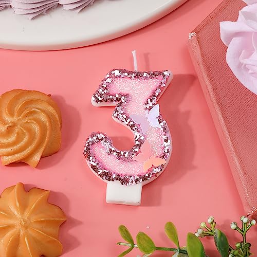 Pink Butterfly Number Candle 3 - 2.7 Inch Glitter Cake Topper