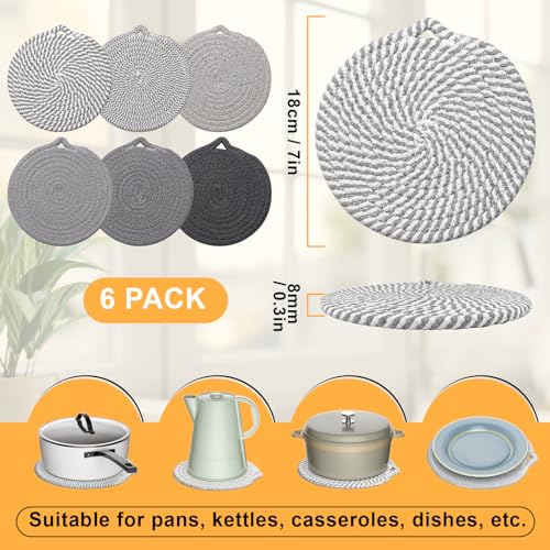 7-Inch Gray Trivets for Hot Dishes - 6 Pack Cotton Hot Pads