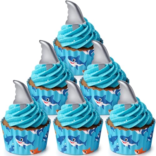 Blulu 18 Pcs Shark Fin Cupcake Toppers for Ocean Theme Parties