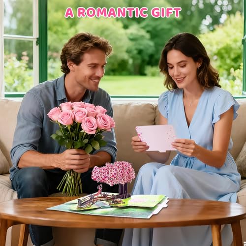 3D Cherry Blossom Bridge Pop-Up Card - Romantic Couple Anniversary & Valentine Greeting Card
