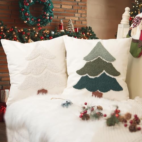 GEEORY Christmas Pillow Covers 18x18 Inch | Embroidered Xmas Tree Decor