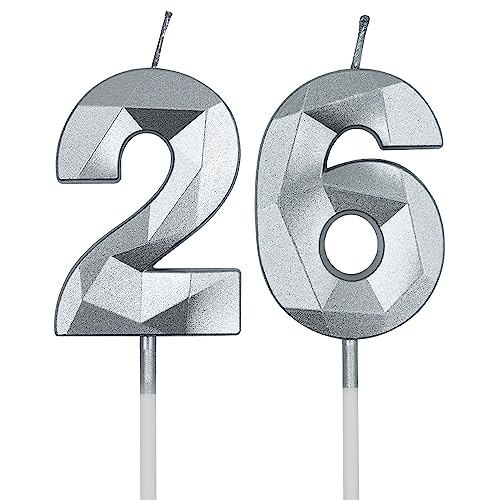 Silver 3D Diamond Shaped Birthday Candles - 26 & 62 Number Set