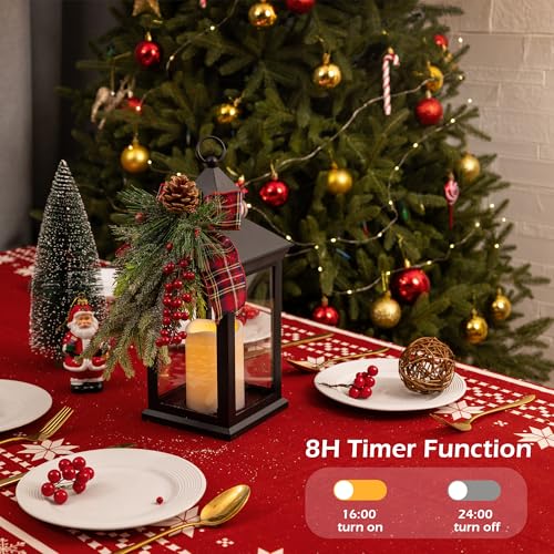 Christmas Decorative Lantern with LED Candle - Black Holiday Lantern with Pinecones & Red Bow - Battery Operated Indoor/Outdoor Decor - Red Bow Variant