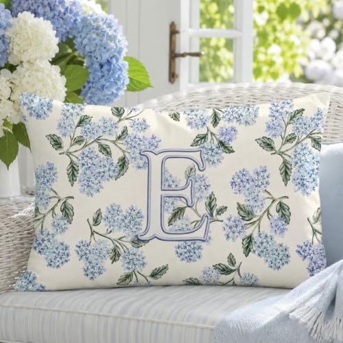 Personalized Blue Hydrangea Monogram Letter E Lumbar Pillow Cover 12x20