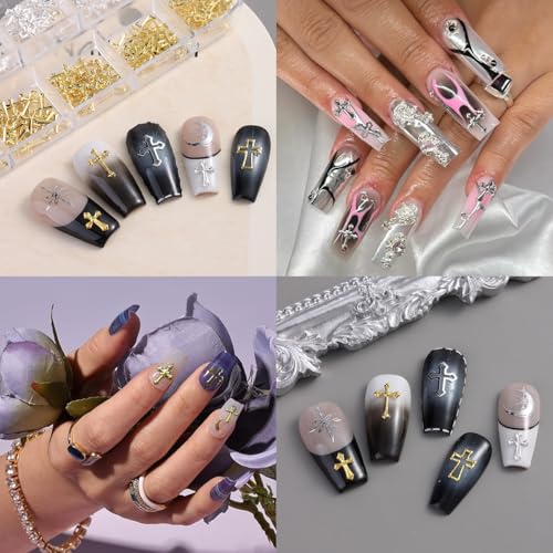 FSpronail 3D Metal Cross Nail Charms - Gold & Silver Y2K Art Accessories Set