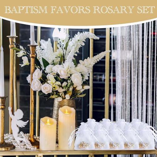 10-Set Gold Pearl Mini Rosary Beads with Organza Bags for Baptism Favors