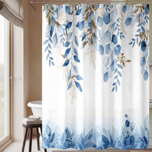 Blue and Gold Watercolor Shower Curtain - 72x72 Modern Abstract Bath Decor