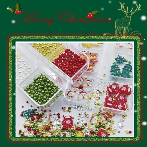 Christmas Nail Charms - 2 Boxes Red Green Metal Gems & Pearls