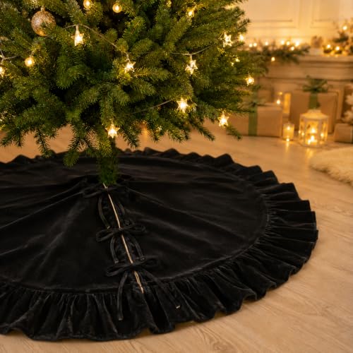 122cm Black Velvet Christmas Tree Skirt with Ruffled Edge and Bow Ties - Modern Holiday Decor