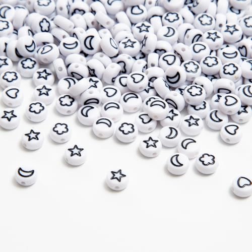 500 Pcs Acrylic Round Pony Beads - Heart, Star, Moon Patterns