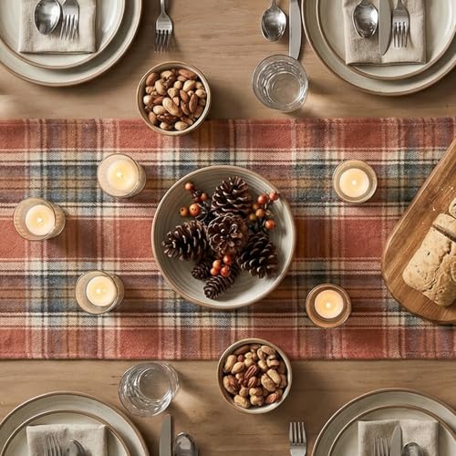 Rust Farmhouse Table Runner 13x72 Inch - Fall Plaid Home Decor, Durable Polyester