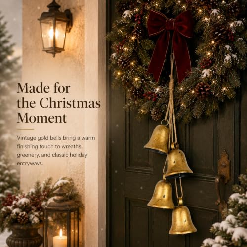 Vintage Gold Christmas Bell Cascade with Rustic Rope - Brass Variation
